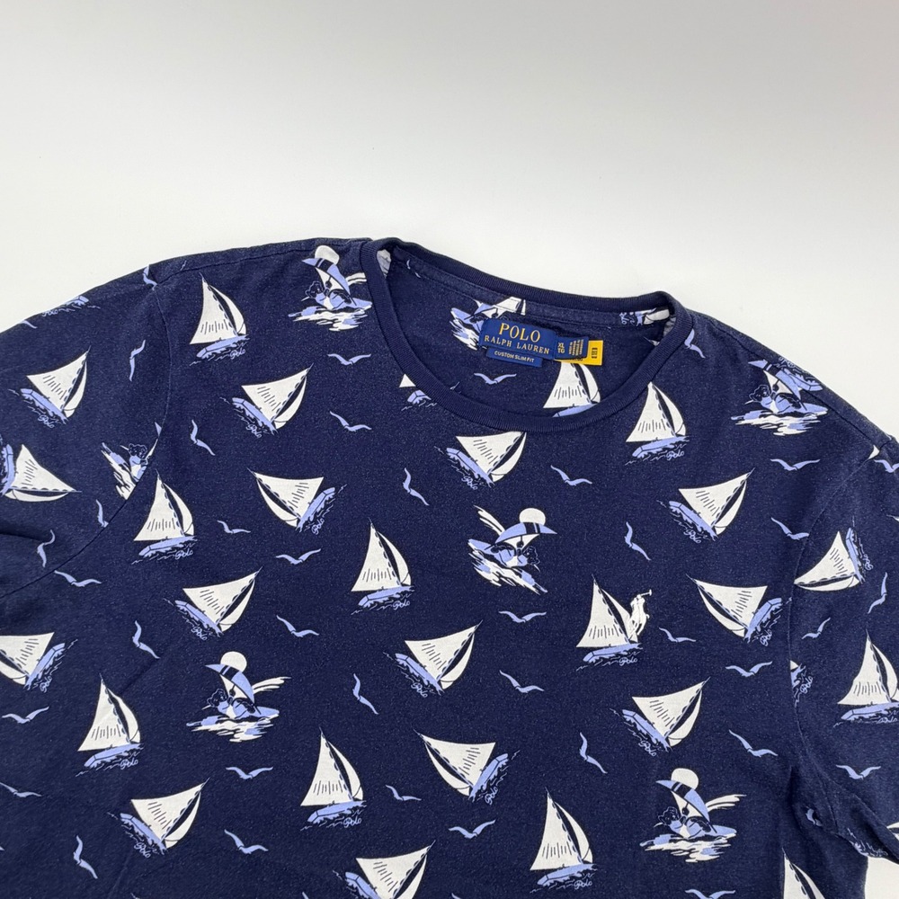 Polo Ralph Lauren Bear Sailboat Print T-Shirt XL Custom Slim Fit Navy Blue